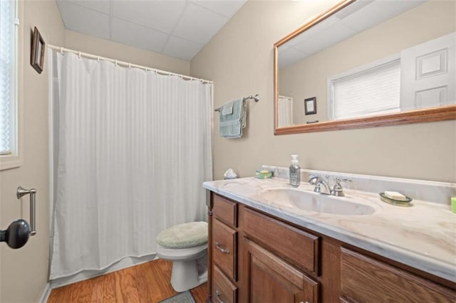 bathroom with wood finished floors, toilet, vanity, and a drop ceiling