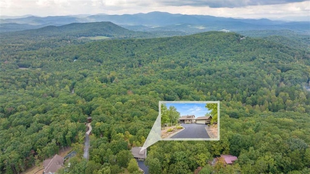 birds eye view of property with a mountain view and a forest view