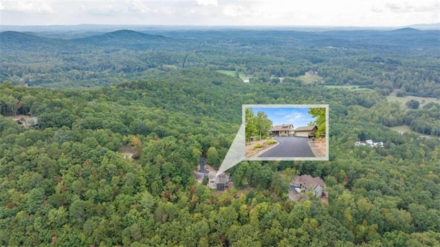 drone / aerial view featuring a wooded view