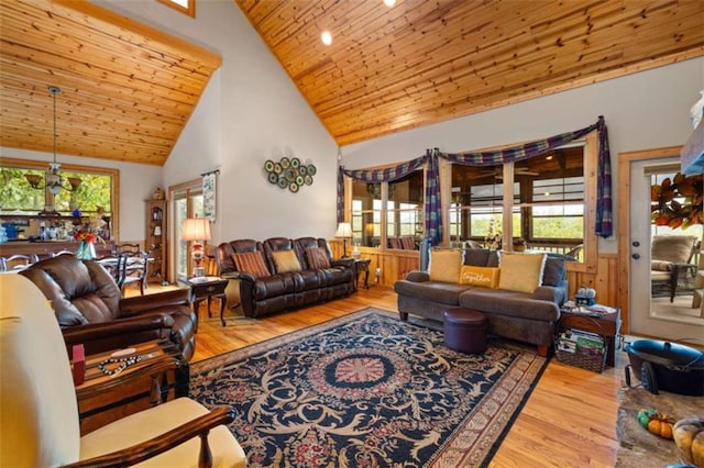 living area with recessed lighting, high vaulted ceiling, wood finished floors, and wood ceiling