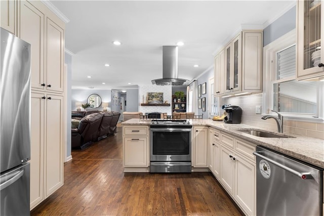 kitchen featuring island range hood, light stone counters, stainless steel appliances, sink, and dark wood-type flooring