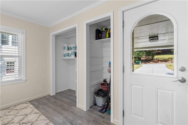 interior space with light wood-type flooring and crown molding