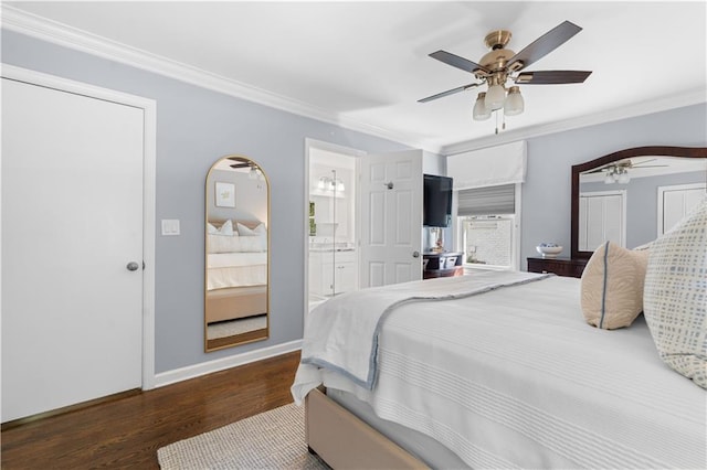 bedroom with dark hardwood / wood-style flooring, ornamental molding, connected bathroom, and ceiling fan