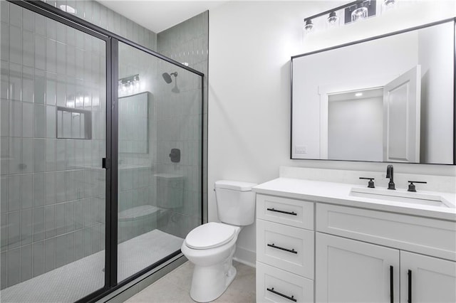 bathroom with a stall shower, baseboards, vanity, and toilet