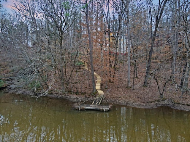 dock area with a water view, a forest view, and stairway