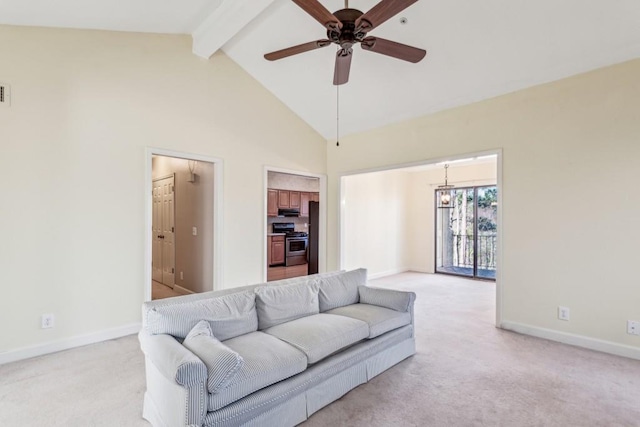 living room featuring ceiling fan, high vaulted ceiling, light carpet, and beam ceiling