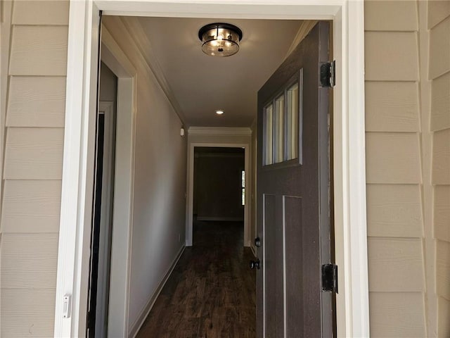 hall featuring dark hardwood / wood-style floors and ornamental molding