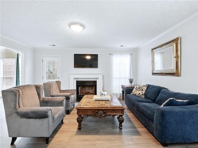 living room with crown molding, a textured ceiling, a fireplace, and light wood-style floors