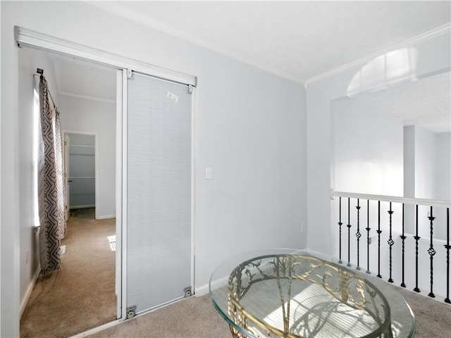 corridor with carpet flooring and baseboards