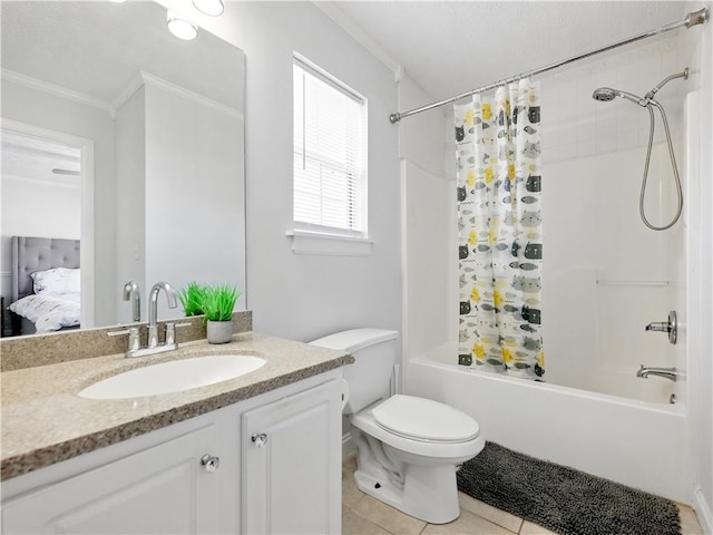 full bathroom with shower / tub combo, toilet, tile patterned floors, crown molding, and vanity