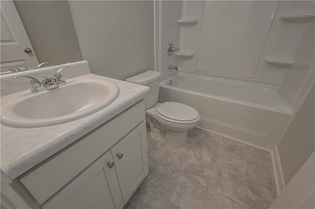 full bathroom featuring vanity, bathtub / shower combination, and toilet