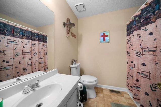 225 Hardin Rd SW, Plainville, GA 30733 - bathroom featuring toilet, vanity, a textured ceiling, baseboards, and a shower with curtain
