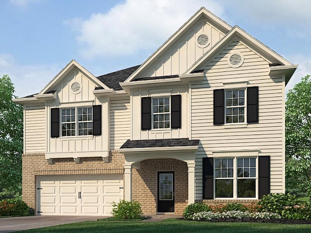 view of front facade featuring a garage, concrete driveway, brick siding, and board and batten siding