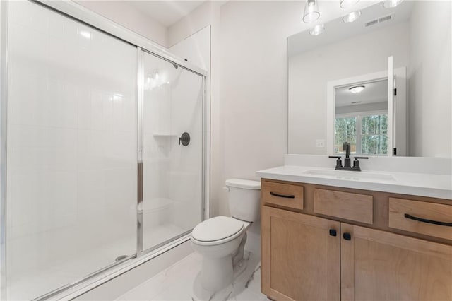 2719 Byess Ct, Marietta, GA 30064 - full bathroom featuring toilet, a shower stall, vanity, and marble finish flooring