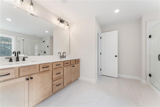 2719 Byess Ct, Marietta, GA 30064 - full bathroom featuring a shower stall, double vanity, baseboards, marble finish floors, and recessed lighting