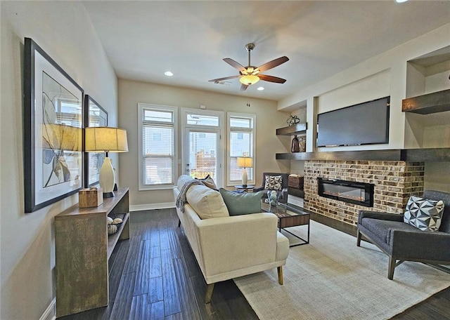 4107 Township Pkwy Unit 69, Sandy Springs, GA 30342 - living area with ceiling fan, hardwood / wood-style floors, recessed lighting, and a brick fireplace
