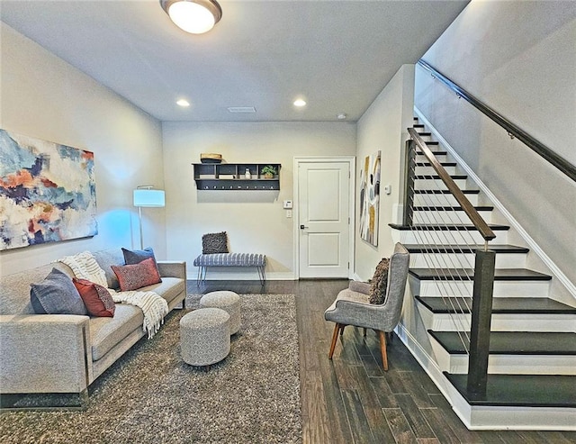 4107 Township Pkwy Unit 69, Sandy Springs, GA 30342 - living area with dark wood-style floors, stairs, and recessed lighting