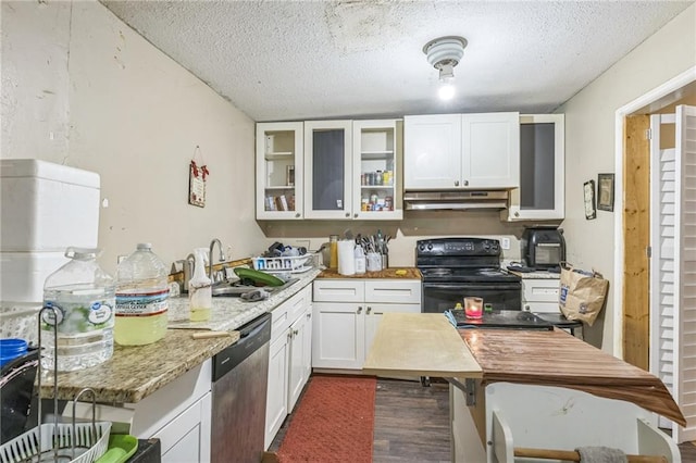1454 Beecher St SW, Atlanta, GA 30310 - kitchen with black range with electric stovetop, stainless steel dishwasher, under cabinet range hood, a textured ceiling, and white cabinets
