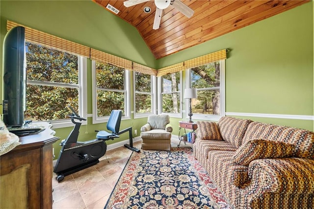 sunroom / solarium featuring lofted ceiling, a ceiling fan, visible vents, and wooden ceiling