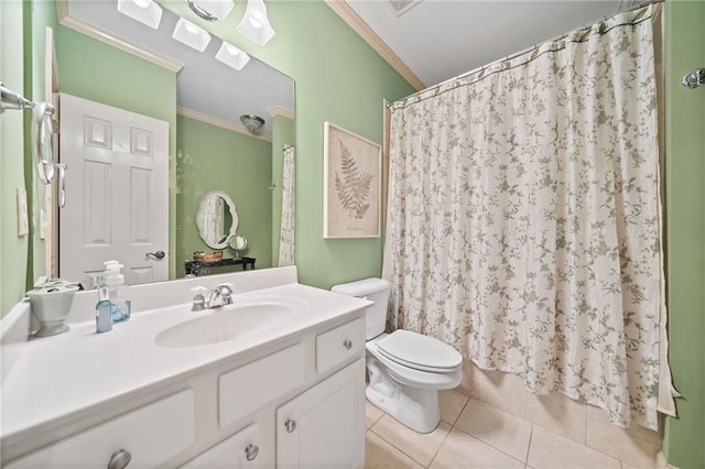 full bath with vanity, ornamental molding, tile patterned flooring, curtained shower, and toilet