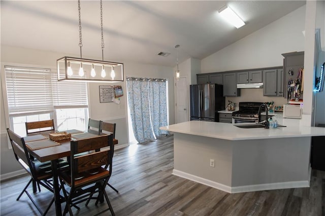 7930 River Fall Ct, Ball Ground, GA 30107 - kitchen with appliances with stainless steel finishes, gray cabinetry, light countertops, under cabinet range hood, and dark wood-type flooring