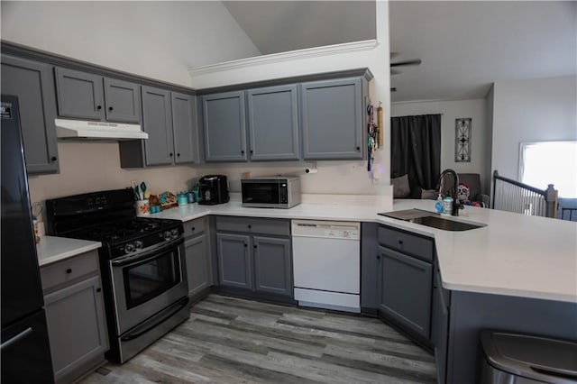 7930 River Fall Ct, Ball Ground, GA 30107 - kitchen featuring gas stove, white dishwasher, under cabinet range hood, gray cabinetry, and stainless steel microwave