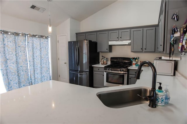 7930 River Fall Ct, Ball Ground, GA 30107 - kitchen with stainless steel appliances, under cabinet range hood, light countertops, hanging light fixtures, and lofted ceiling
