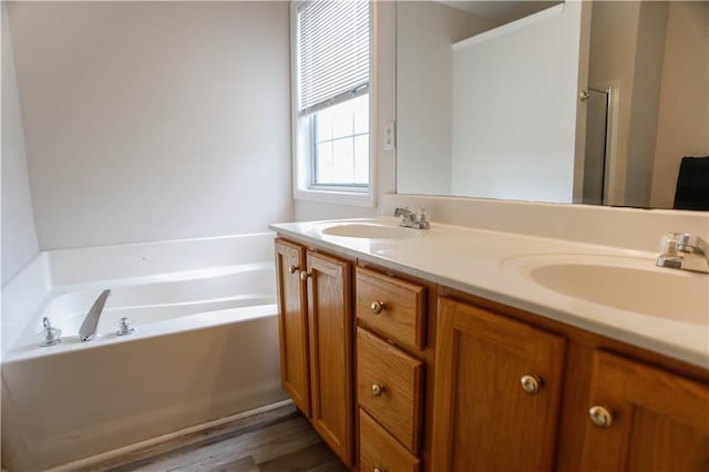7930 River Fall Ct, Ball Ground, GA 30107 - bathroom featuring double vanity, a garden tub, and wood finished floors
