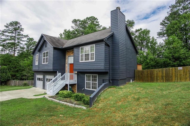 7930 River Fall Ct, Ball Ground, GA 30107 - bi-level home featuring concrete driveway, a chimney, and a garage