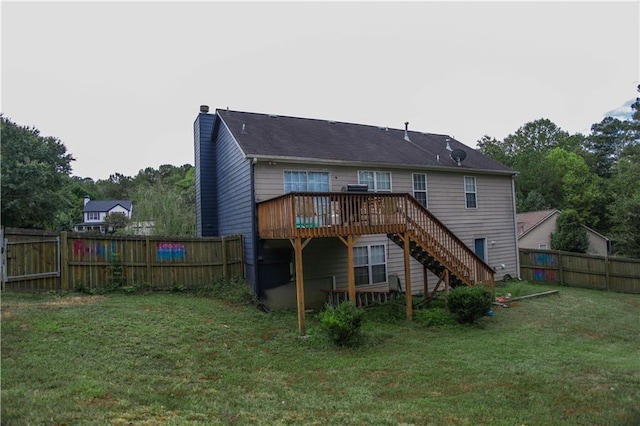 7930 River Fall Ct, Ball Ground, GA 30107 - back of house featuring stairs, a wooden deck, a fenced backyard, and a chimney