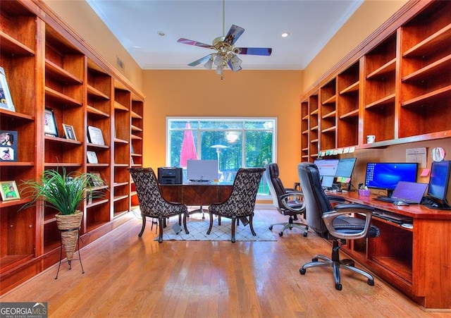 1090 Crown River Pkwy, Mcdonough, GA 30252 - office area with ceiling fan, wood-type flooring, ornamental molding, built in study area, and recessed lighting
