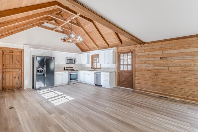 kitchen with wood walls, appliances with stainless steel finishes, light hardwood / wood-style flooring, and white cabinetry