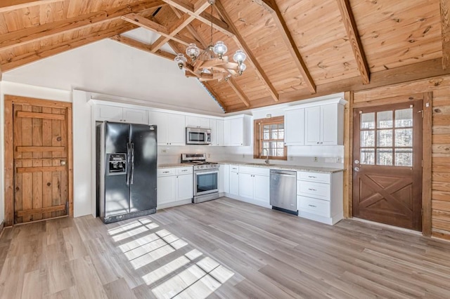 kitchen featuring stainless steel appliances, wood ceiling, high vaulted ceiling, beam ceiling, and white cabinetry