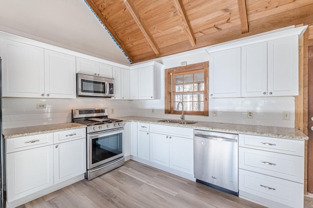 kitchen with wood ceiling, appliances with stainless steel finishes, light hardwood / wood-style floors, sink, and white cabinetry