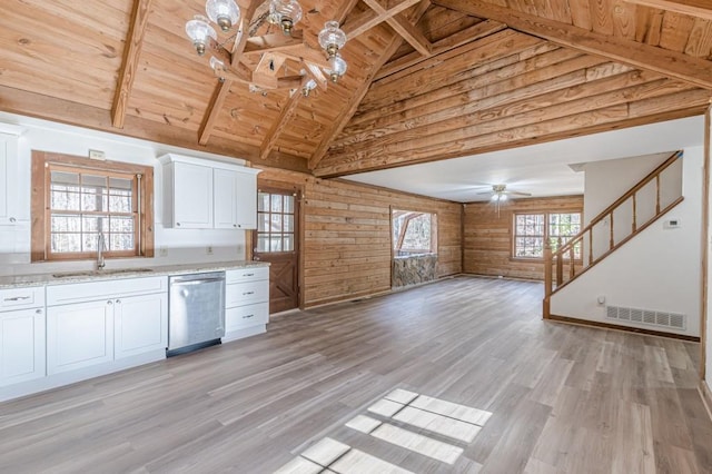 kitchen featuring wood ceiling, white cabinets, wooden walls, sink, and stainless steel dishwasher