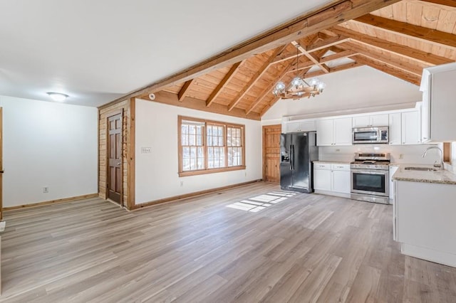 kitchen featuring sink, appliances with stainless steel finishes, white cabinetry, light hardwood / wood-style flooring, and beam ceiling