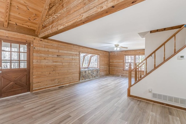 unfurnished living room with ceiling fan, light hardwood / wood-style floors, and wooden walls