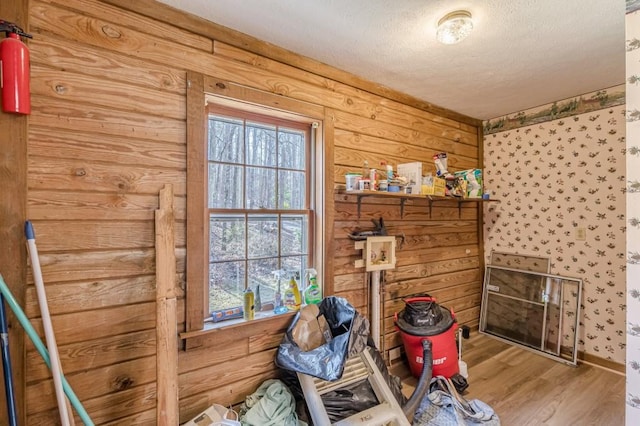 details with wood-type flooring and a textured ceiling