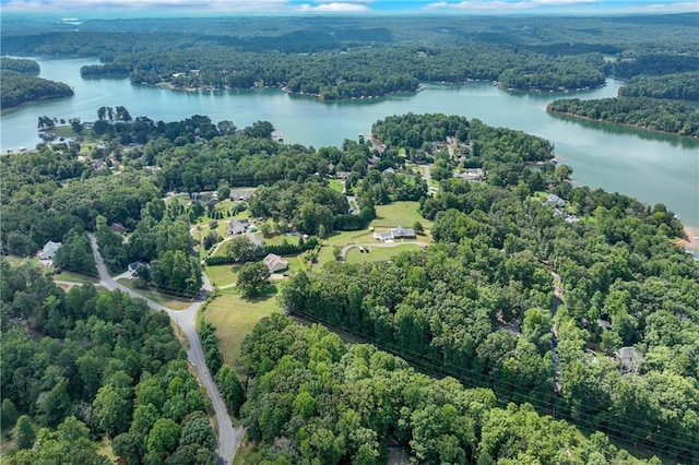 drone / aerial view featuring a water view and a wooded view