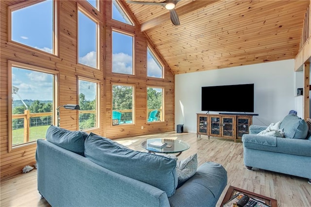 living room with a ceiling fan, wood finished floors, wood ceiling, wood walls, and beamed ceiling