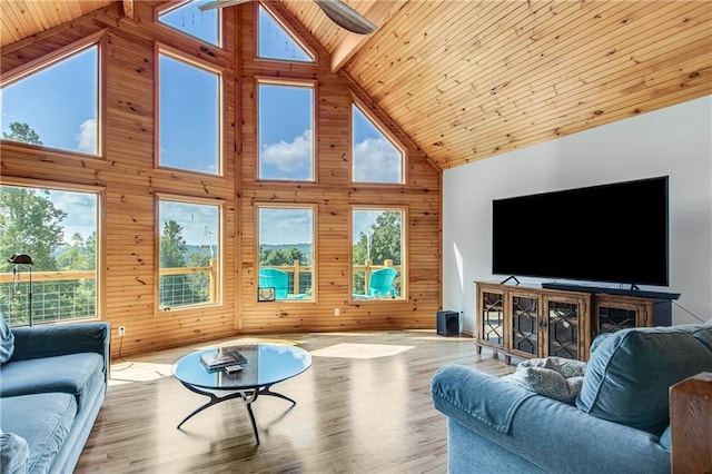 living room featuring wooden walls, wood ceiling, wood finished floors, and high vaulted ceiling
