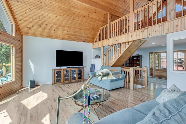 living area featuring high vaulted ceiling, wood ceiling, and wood finished floors
