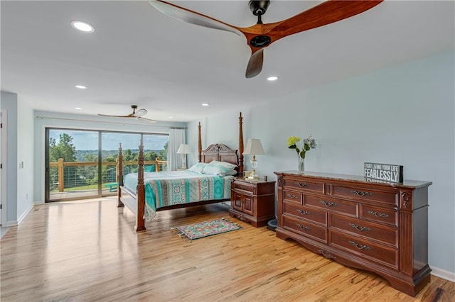 bedroom with baseboards, light wood-style flooring, recessed lighting, ceiling fan, and access to exterior