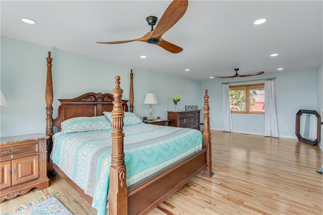 bedroom with recessed lighting, baseboards, a ceiling fan, and light wood finished floors