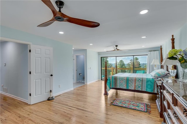bedroom with baseboards, recessed lighting, ceiling fan, access to exterior, and light wood-style floors