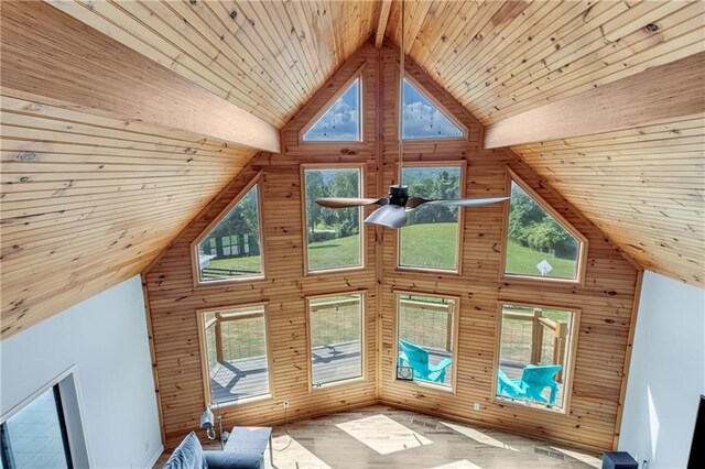 unfurnished living room featuring wood ceiling, wood walls, and high vaulted ceiling