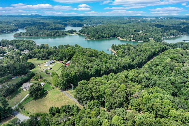 birds eye view of property with a wooded view and a water view