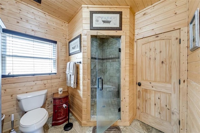 full bathroom with wooden walls, toilet, wood ceiling, and a stall shower