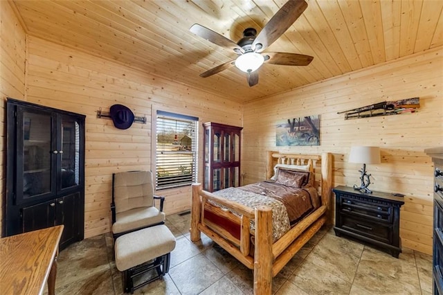 bedroom with wooden ceiling, a ceiling fan, and wood walls