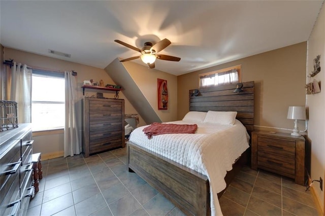 bedroom with visible vents, baseboards, ceiling fan, and tile patterned flooring